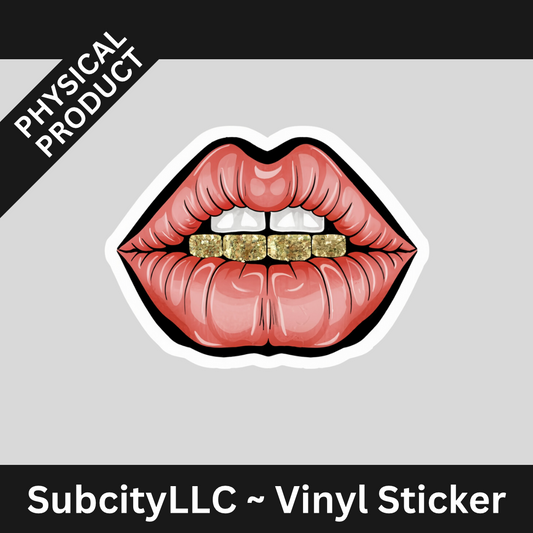 3" Pink Lips With A Gold Grill Vinyl Water Proof Sticker